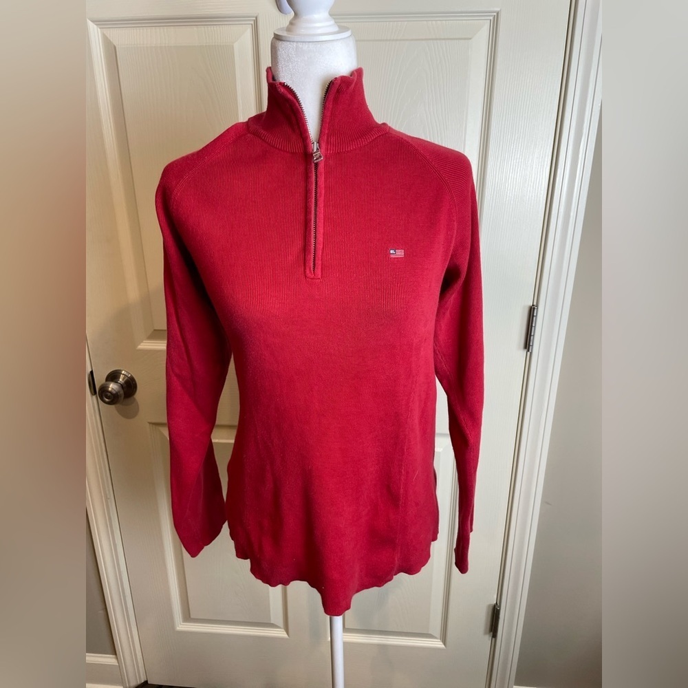 Polo Jeans Cotton Red Quarter-Zip Women's Sweater with Flag Small